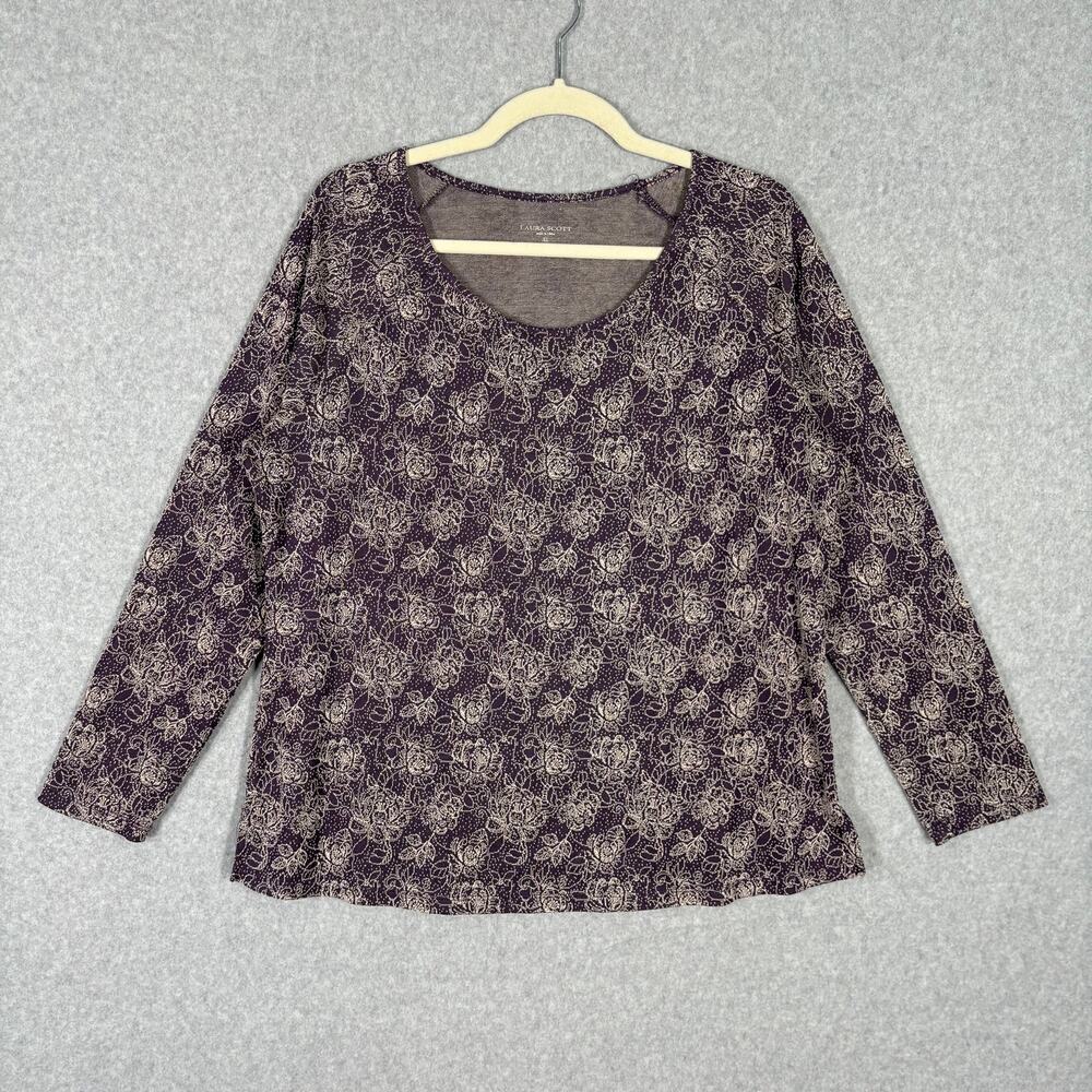 Laura Scott Shirt Womens XL Purple Floral Long Sleeve Stretch Basic Top Stitch
